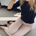 Lauren Foldover Flares in Oatmeal Pinstripe