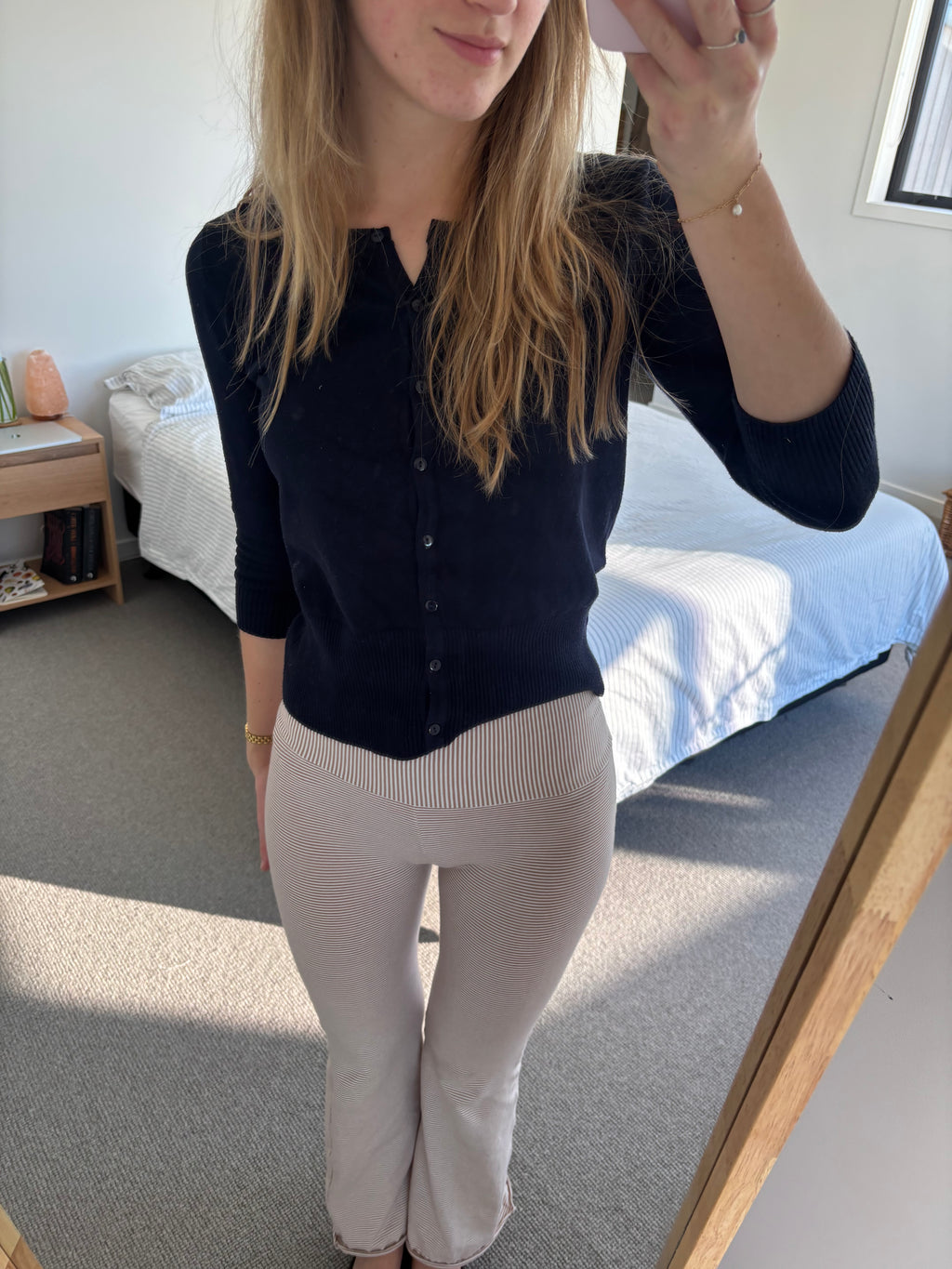 Lauren Foldover Flares in Oatmeal Pinstripe