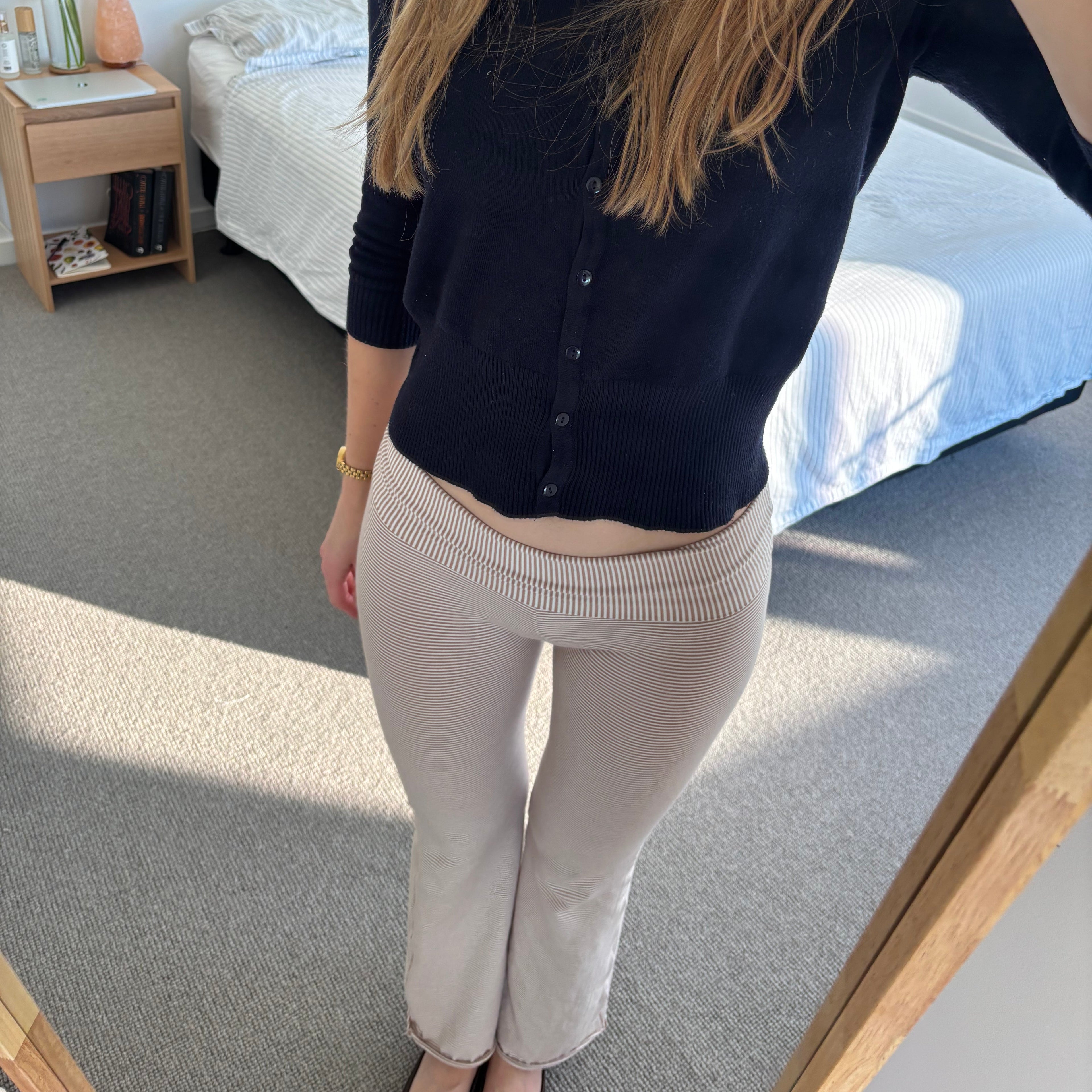 Lauren Foldover Flares in Oatmeal Pinstripe