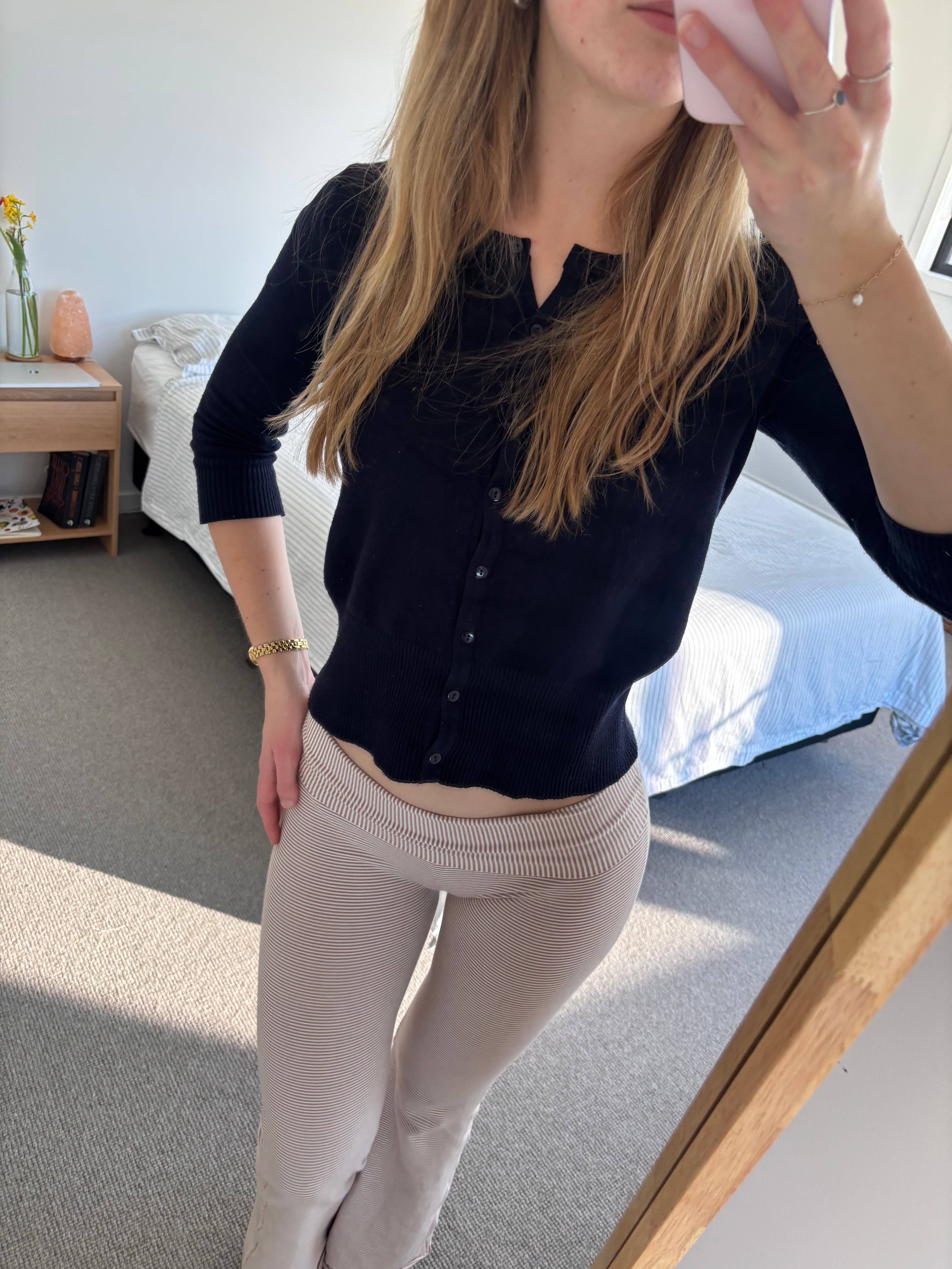 Lauren Foldover Flares in Oatmeal Pinstripe