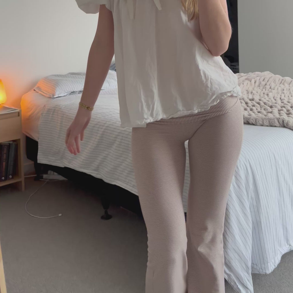 Lauren Foldover Flares in Oatmeal Pinstripe