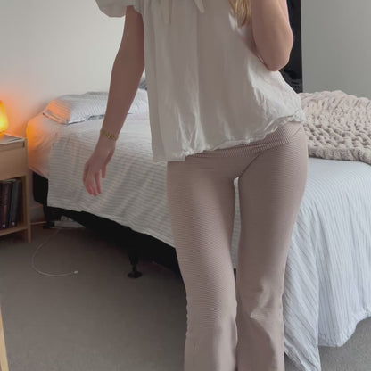 Lauren Foldover Flares in Oatmeal Pinstripe